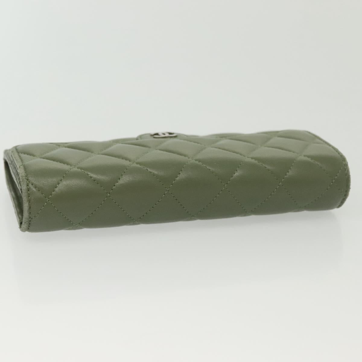 CHANEL Long Wallet Lamb Skin Green CC Auth 142370