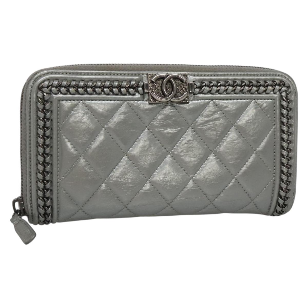 CHANEL Boy Chanel Matelasse Long Wallet Leather Silver CC Auth 142377
