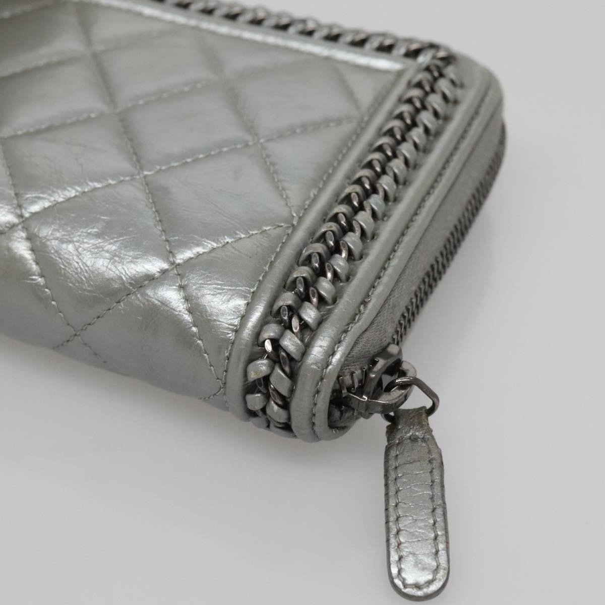 CHANEL Boy Chanel Matelasse Long Wallet Leather Silver CC Auth 142377