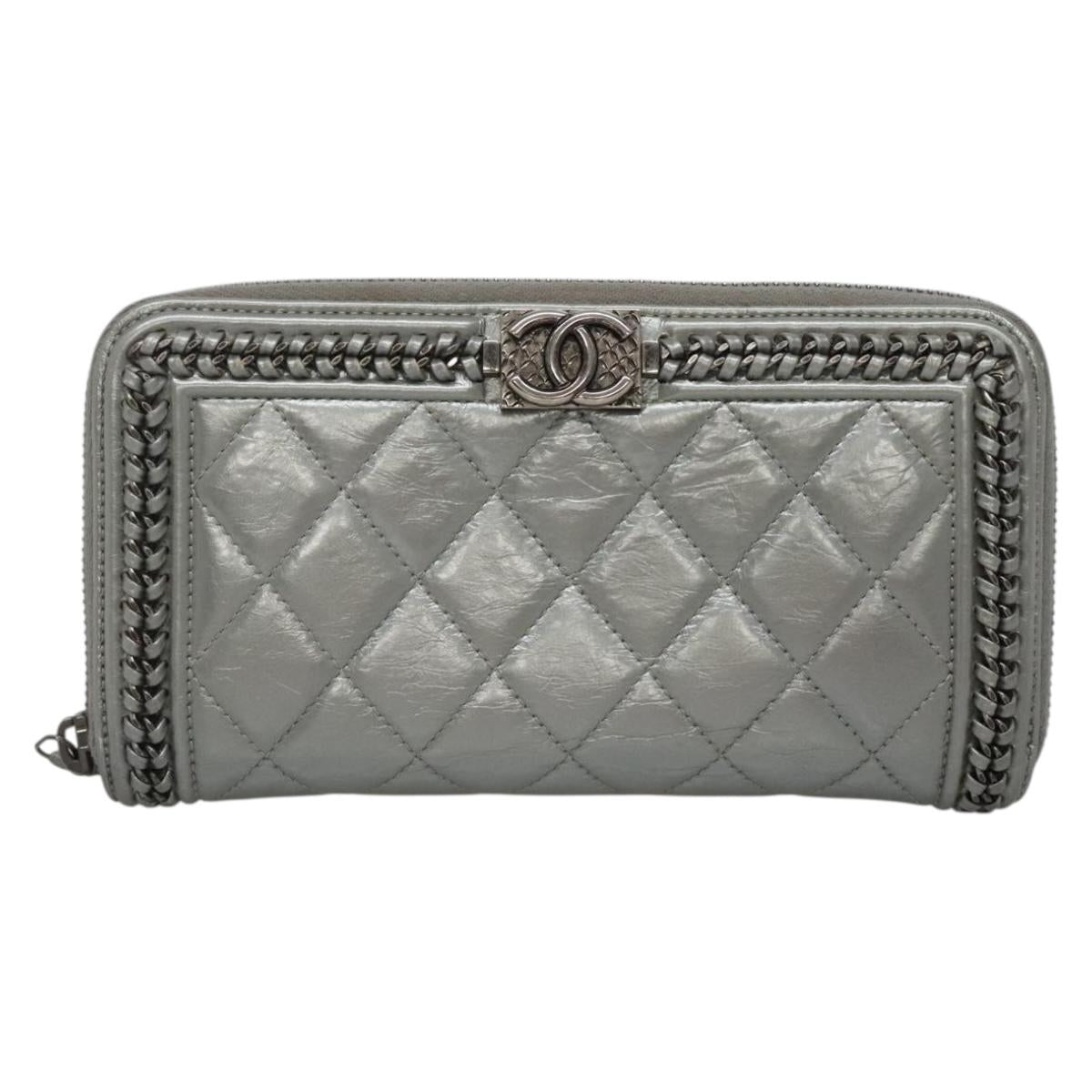 CHANEL Boy Chanel Matelasse Long Wallet Leather Silver CC Auth 142377