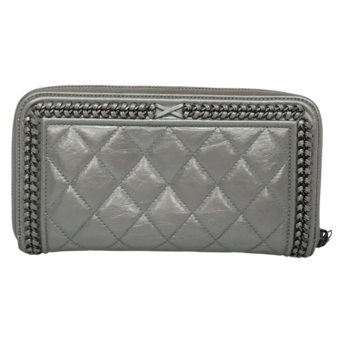CHANEL Boy Chanel Matelasse Long Wallet Leather Silver CC Auth 142377