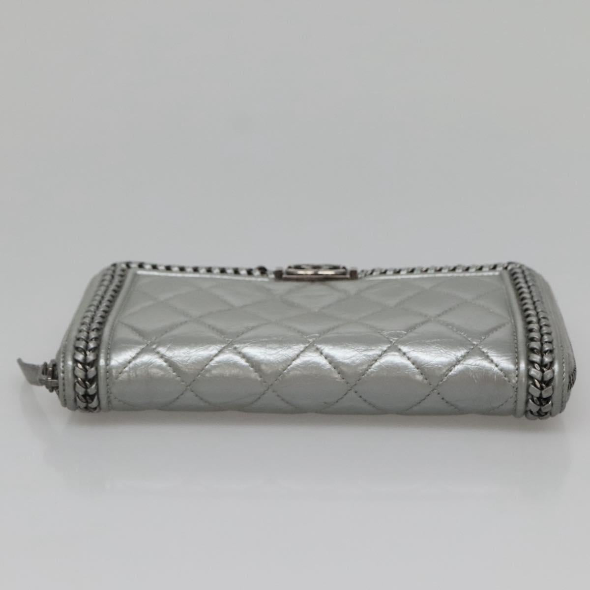 CHANEL Boy Chanel Matelasse Long Wallet Leather Silver CC Auth 142377