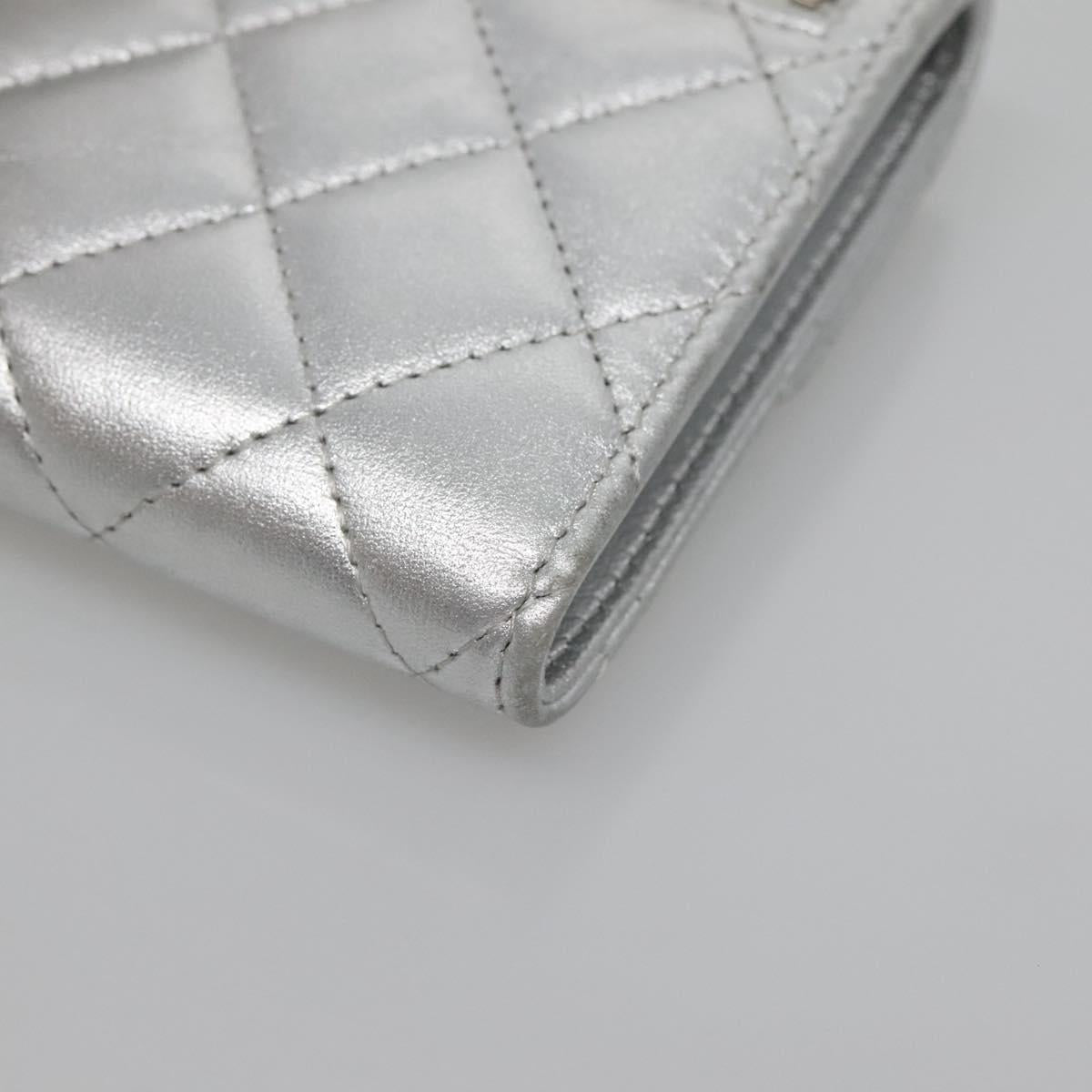 CHANEL Matelasse Compact Wallet Lamb Skin Silver CC Auth 142378M