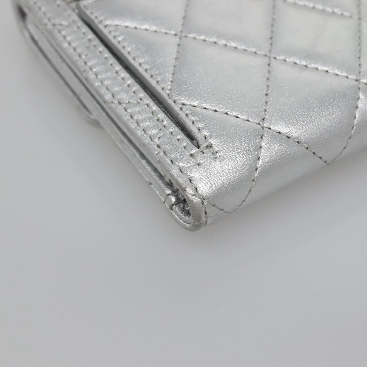 CHANEL Matelasse Compact Wallet Lamb Skin Silver CC Auth 142378M
