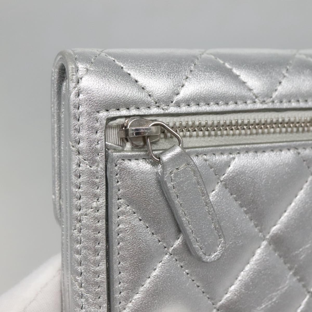 CHANEL Matelasse Compact Wallet Lamb Skin Silver CC Auth 142378M