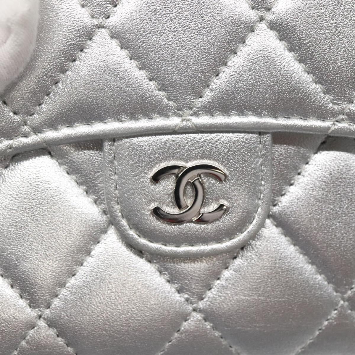 CHANEL Matelasse Compact Wallet Lamb Skin Silver CC Auth 142378M