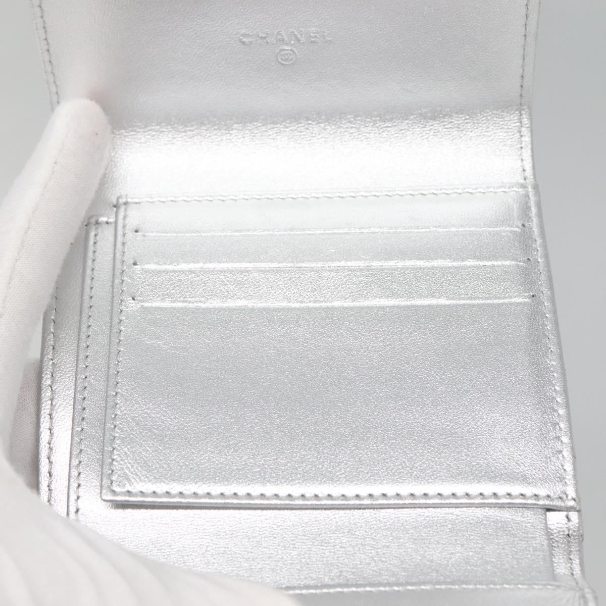 CHANEL Matelasse Compact Wallet Lamb Skin Silver CC Auth 142378M