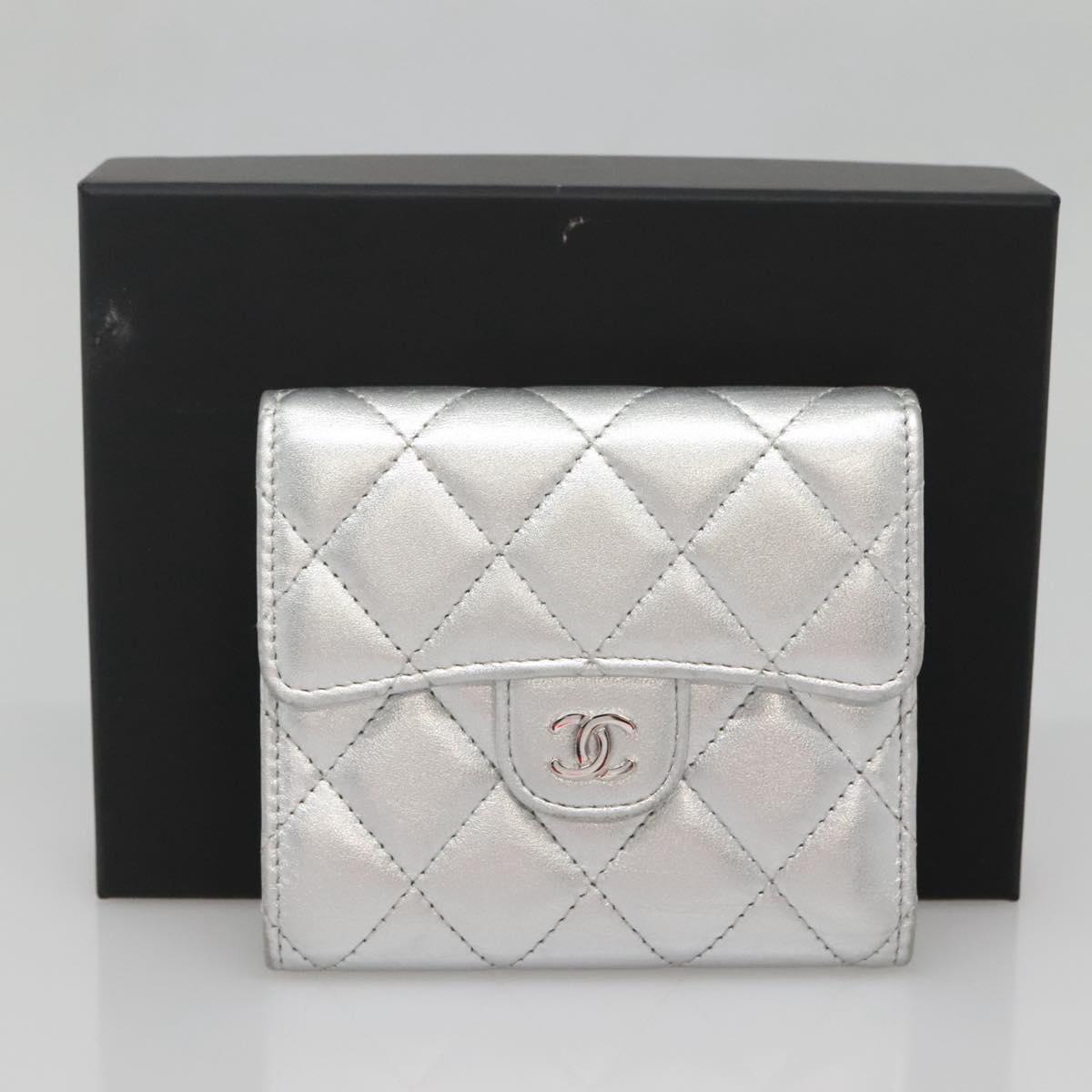 CHANEL Matelasse Compact Wallet Lamb Skin Silver CC Auth 142378M