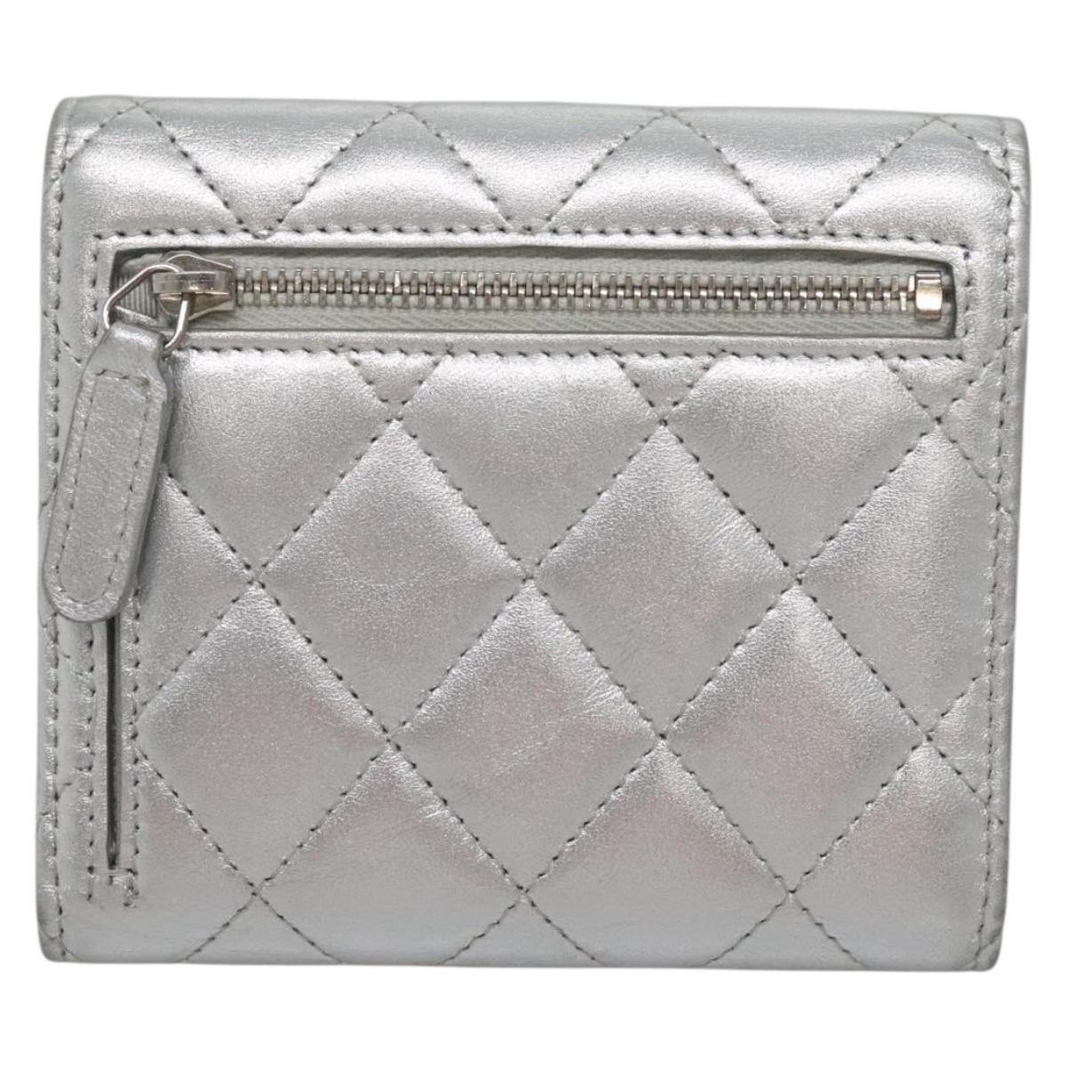 CHANEL Matelasse Compact Wallet Lamb Skin Silver CC Auth 142378M