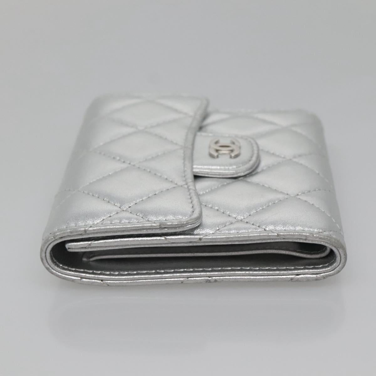 CHANEL Matelasse Compact Wallet Lamb Skin Silver CC Auth 142378M