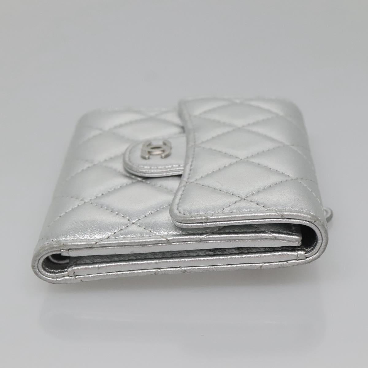 CHANEL Matelasse Compact Wallet Lamb Skin Silver CC Auth 142378M