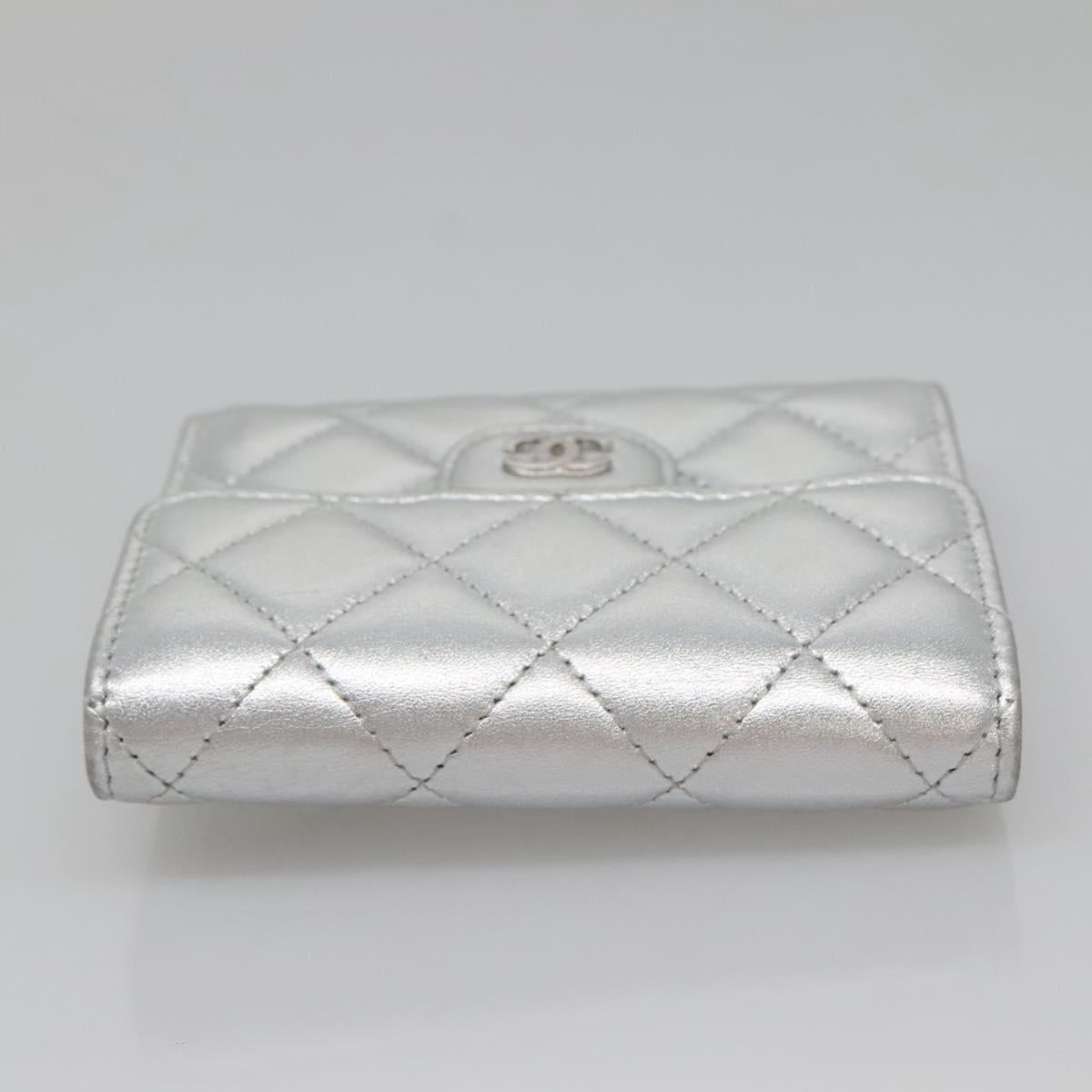 CHANEL Matelasse Compact Wallet Lamb Skin Silver CC Auth 142378M