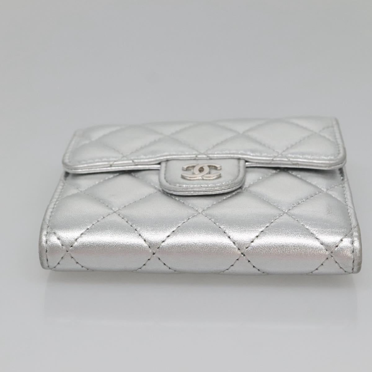 CHANEL Matelasse Compact Wallet Lamb Skin Silver CC Auth 142378M