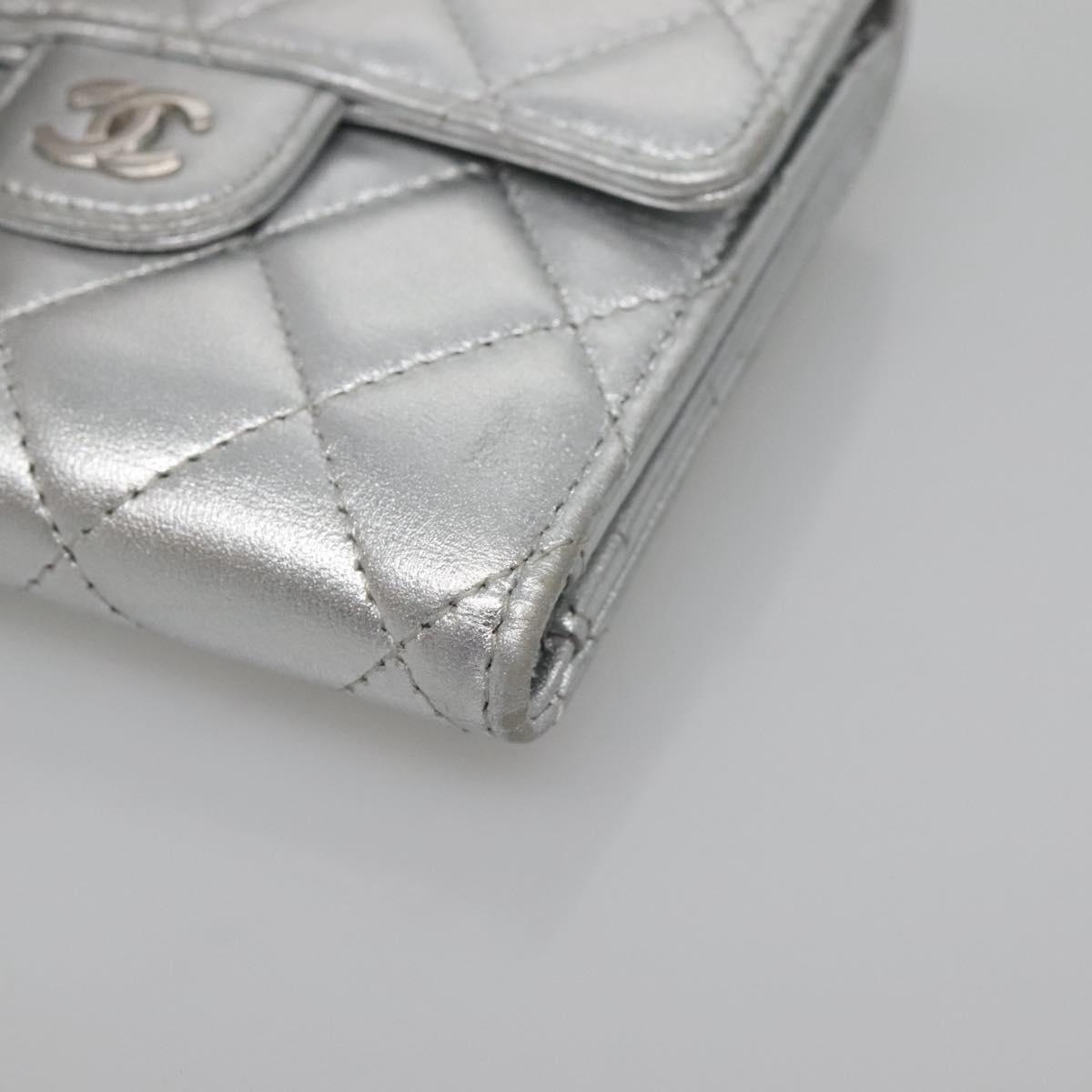 CHANEL Matelasse Compact Wallet Lamb Skin Silver CC Auth 142378M