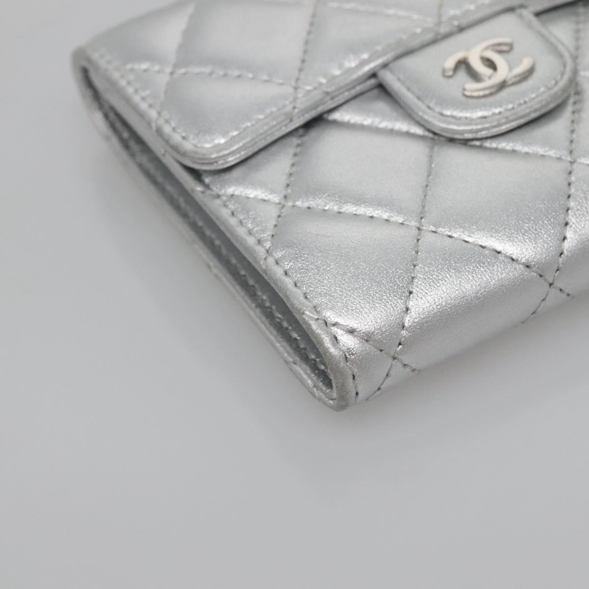 CHANEL Matelasse Compact Wallet Lamb Skin Silver CC Auth 142378M
