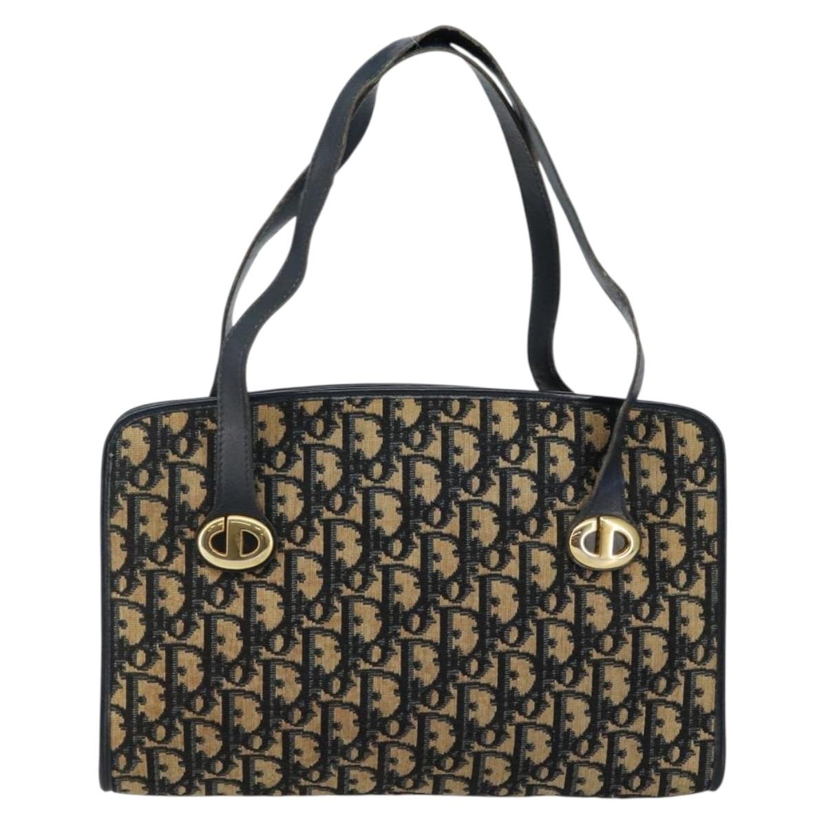 Christian Dior Trotter Canvas Hand Bag Navy Gold Auth 142435