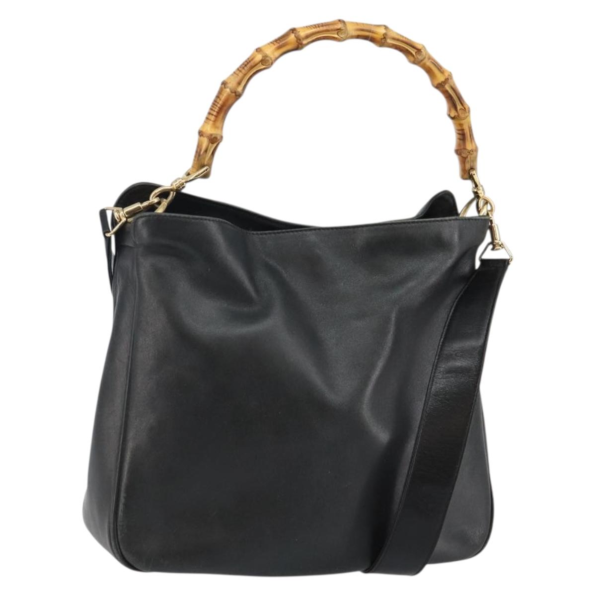 GUCCI Bamboo Hand Bag Leather Black Gold 001 1998 1638 Auth 142437