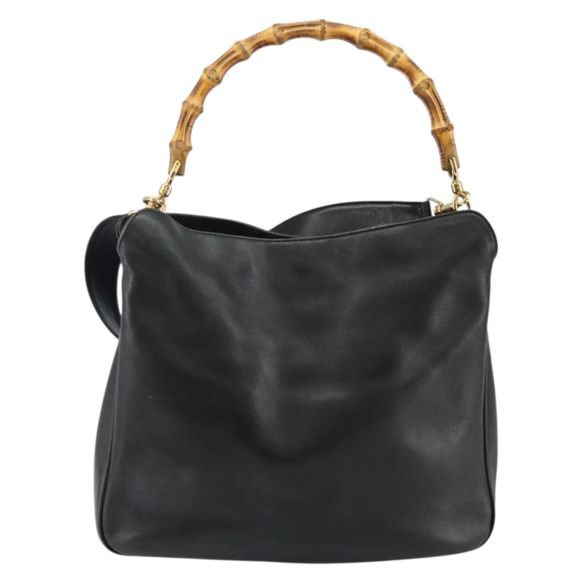 GUCCI Bamboo Hand Bag Leather Black Gold 001 1998 1638 Auth 142437
