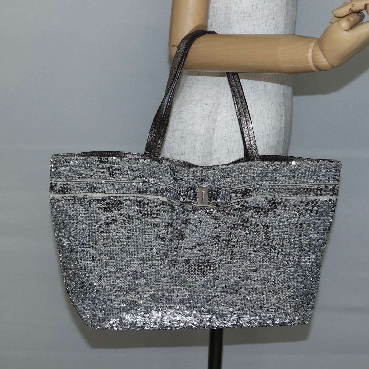 Salvatore Ferragamo Vala Tote Bag Sequin Silver Auth 142446