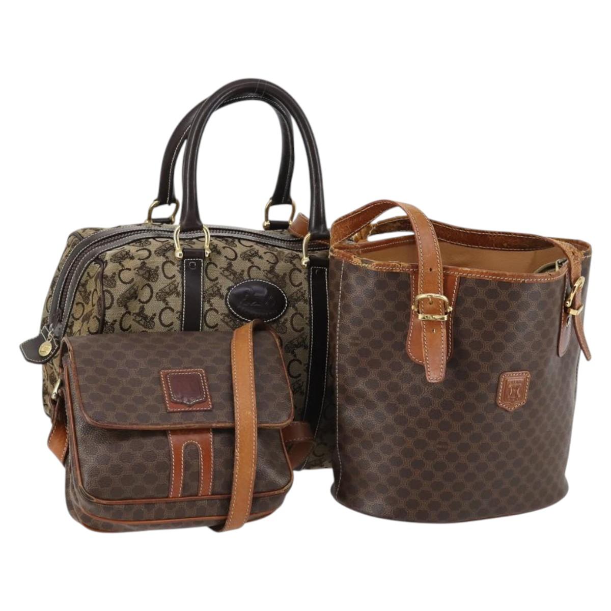 CELINE C Macadam Canvas Shoulder Bag PVC Leather 3Set Brown Gold Auth 142449