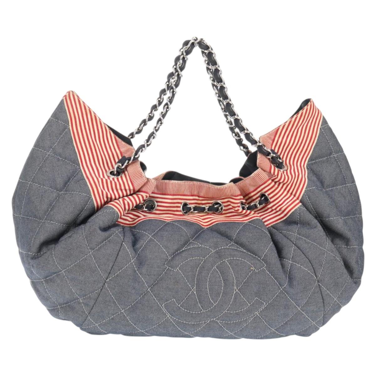 CHANEL Chain Tote Bag Denim Blue Silver CC Auth 142514V
