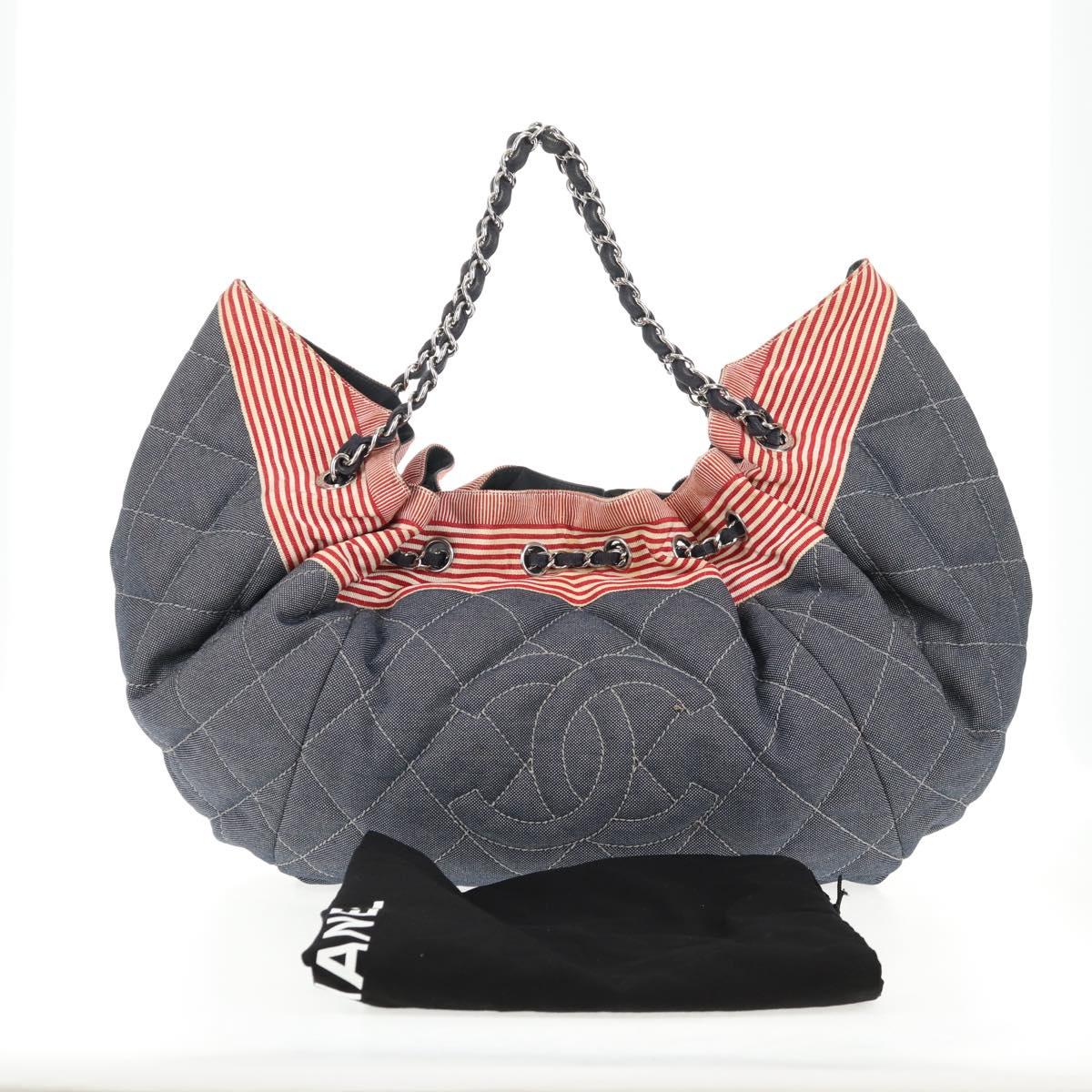 CHANEL Chain Tote Bag Denim Blue Silver CC Auth 142514V