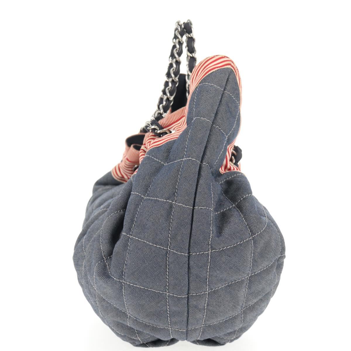CHANEL Chain Tote Bag Denim Blue Silver CC Auth 142514V