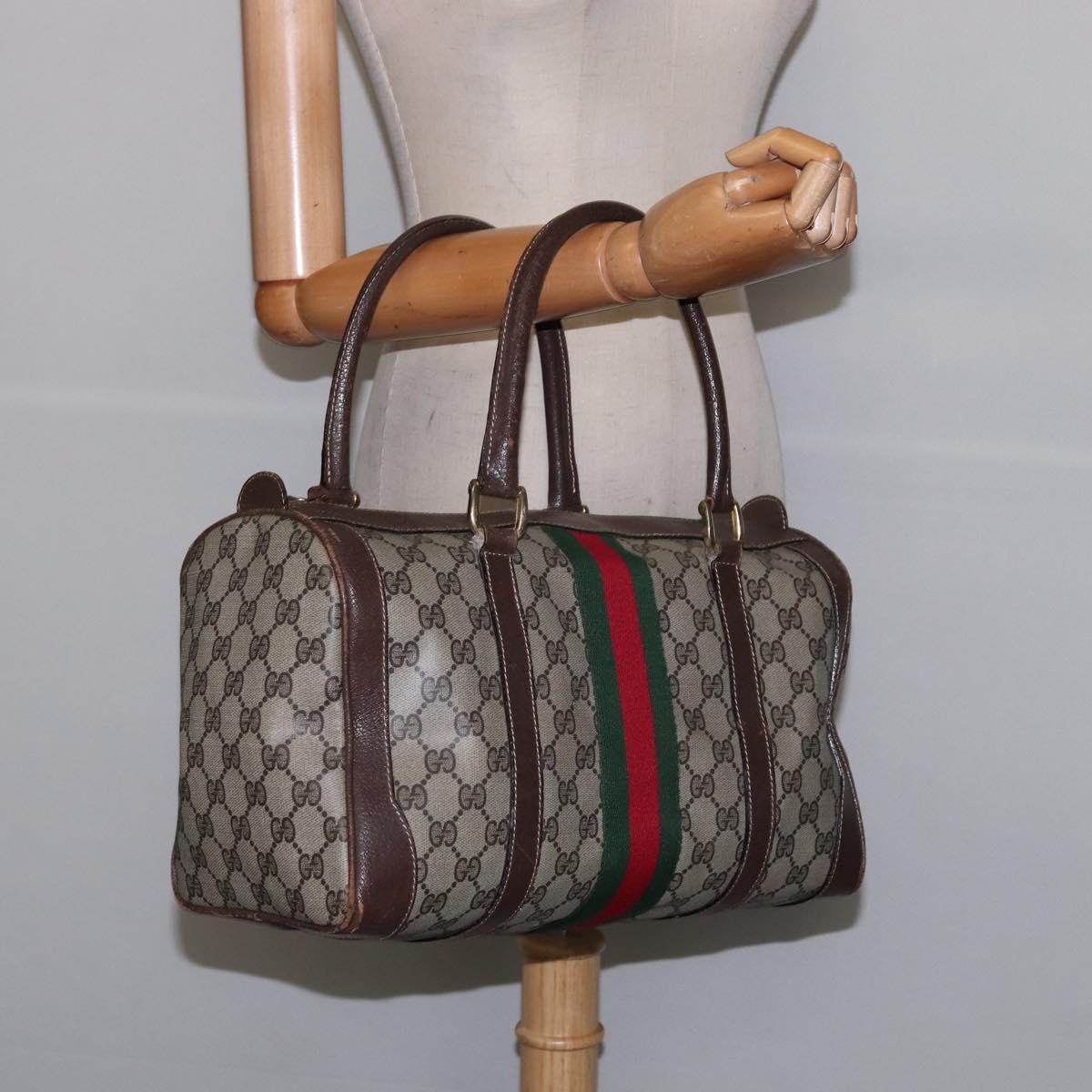 GUCCI GG Supreme Web Sherry Line Hand Bag PVC Beige Gold Red Auth 142539