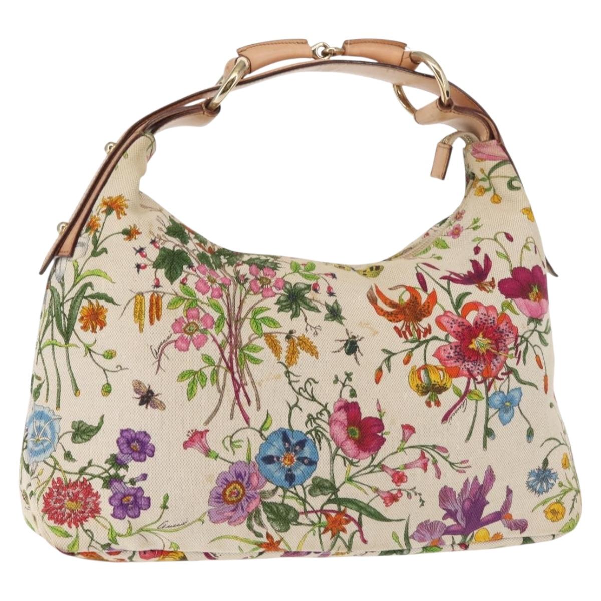 GUCCI Flower Hand Bag Canvas Beige Gold 115867 Auth 142543