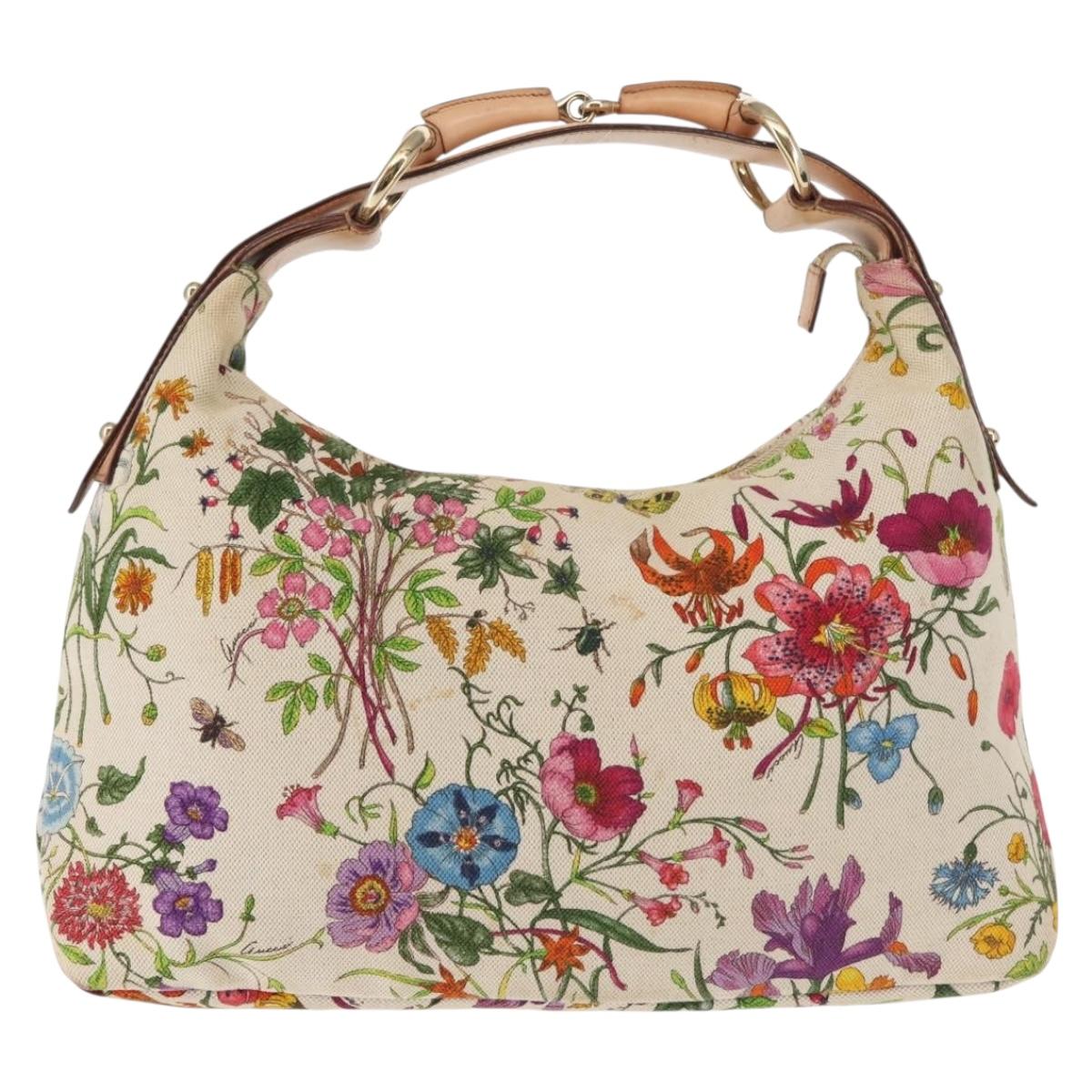 GUCCI Flower Hand Bag Canvas Beige Gold 115867 Auth 142543