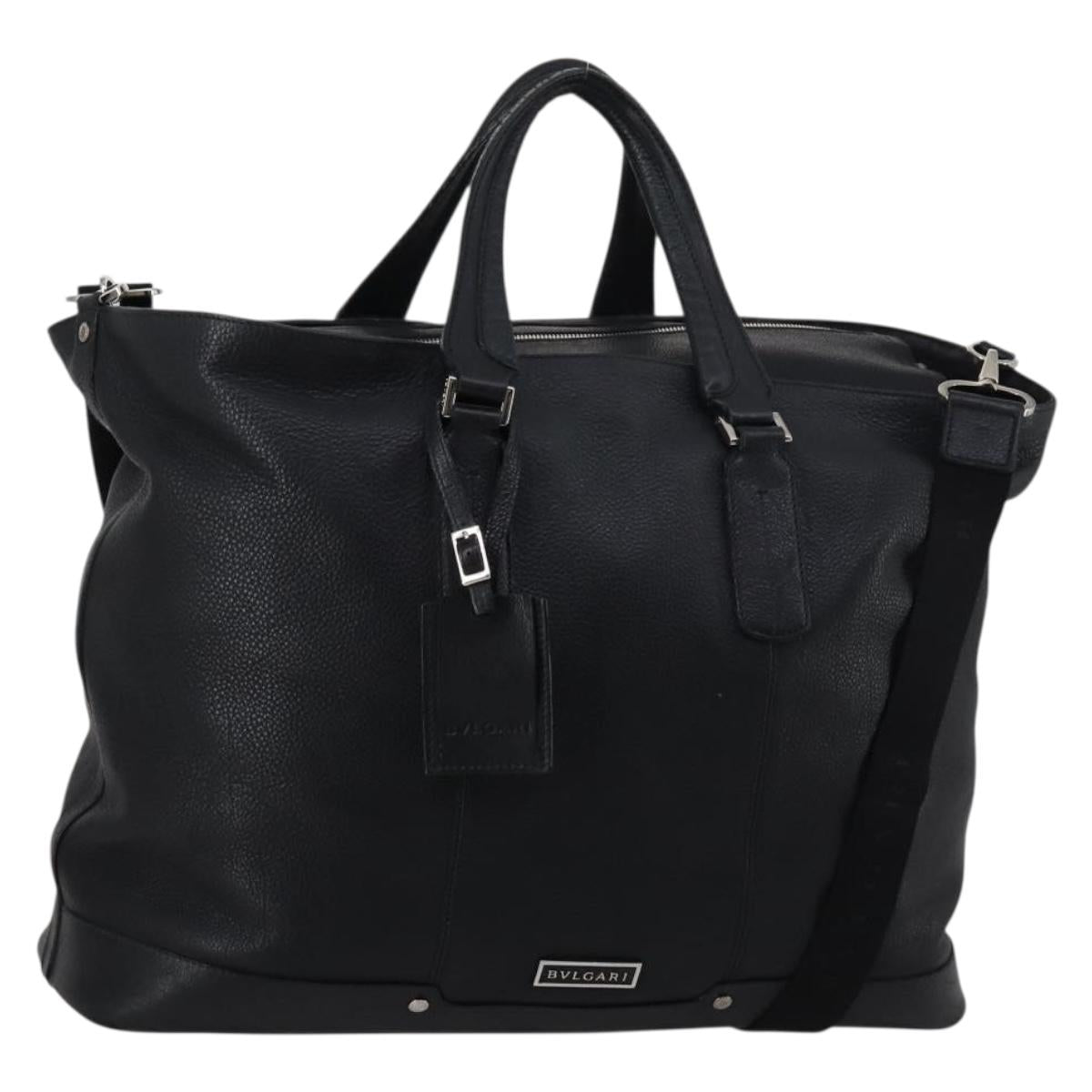 BVLGARI Boston Bag Leather 2way Black Silver Auth 142552