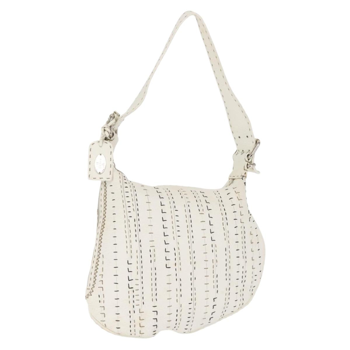 FENDI Shoulder Bag Leather White Silver Auth 142554