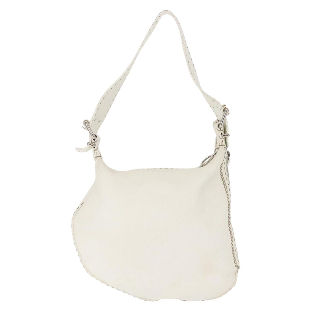 FENDI Shoulder Bag Leather White Silver Auth 142554
