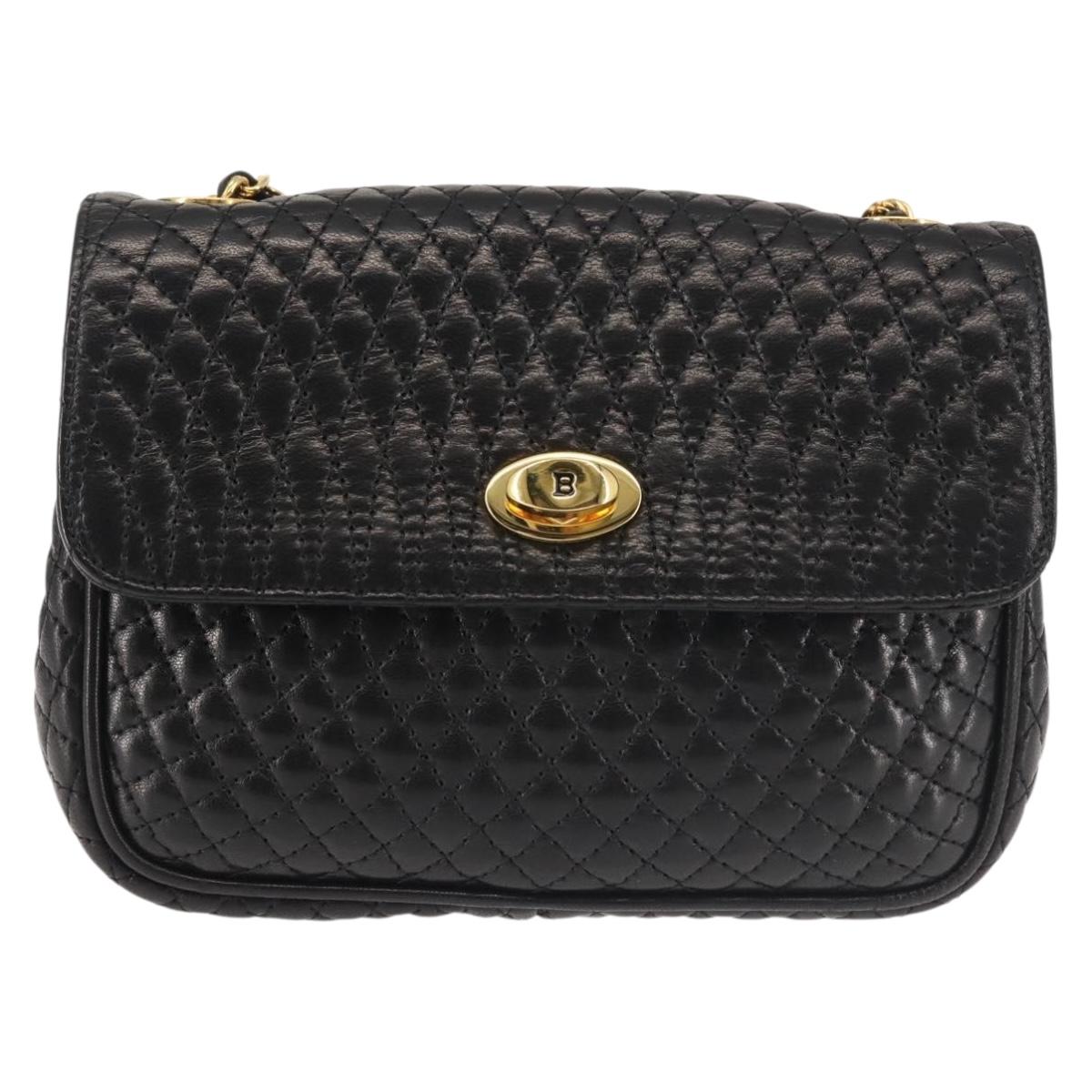 BALLY Chain Shoulder Bag Leather Black Gold Auth 142556