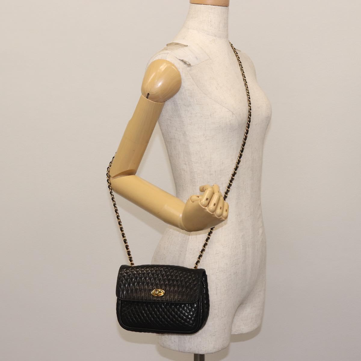 BALLY Chain Shoulder Bag Leather Black Gold Auth 142556