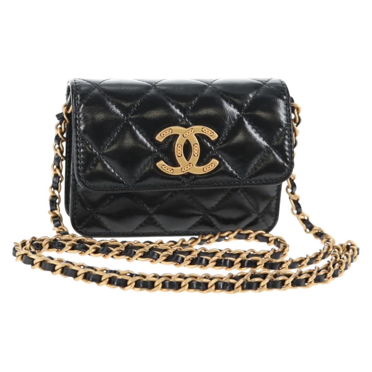 CHANEL Matelasse Chain Mini Shoulder Bag Calf Skin Black Gold CC Auth 142563SAM
