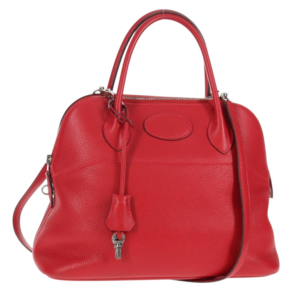 HERMES Bolide 31 Hand Bag Taurillon Leather Red Silver Auth 142568SM