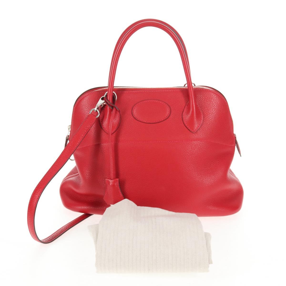HERMES Bolide 31 Hand Bag Taurillon Leather Red Silver Auth 142568SM