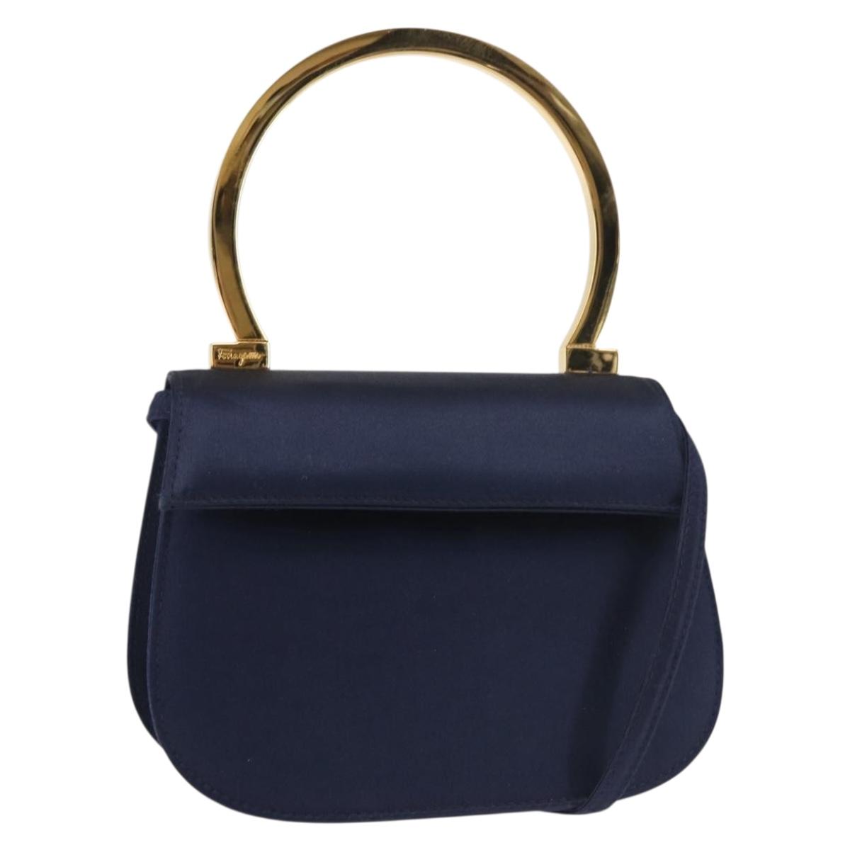 Salvatore Ferragamo Gancini Hand Bag Satin 2way Navy Gold Auth 142663