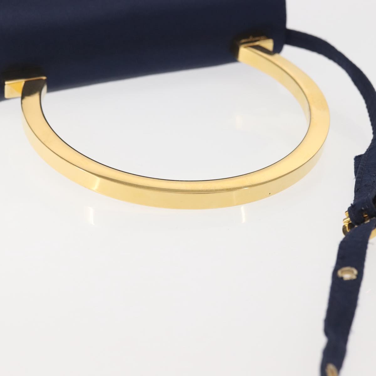 Salvatore Ferragamo Gancini Hand Bag Satin 2way Navy Gold Auth 142663