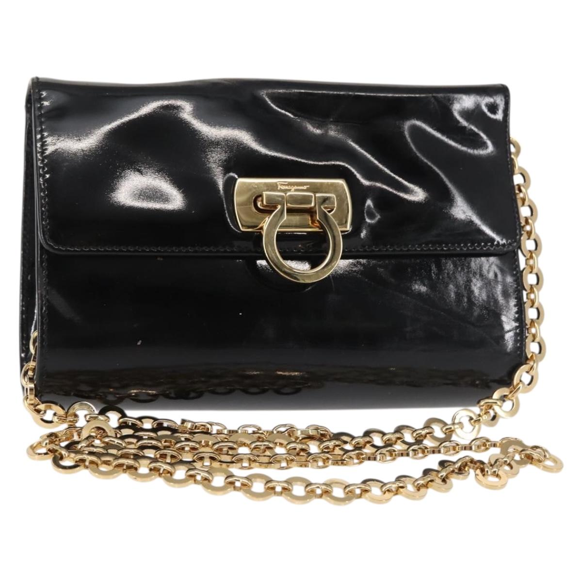 Salvatore Ferragamo Chain Gancini Shoulder Bag Enamel Black Gold Auth 142666