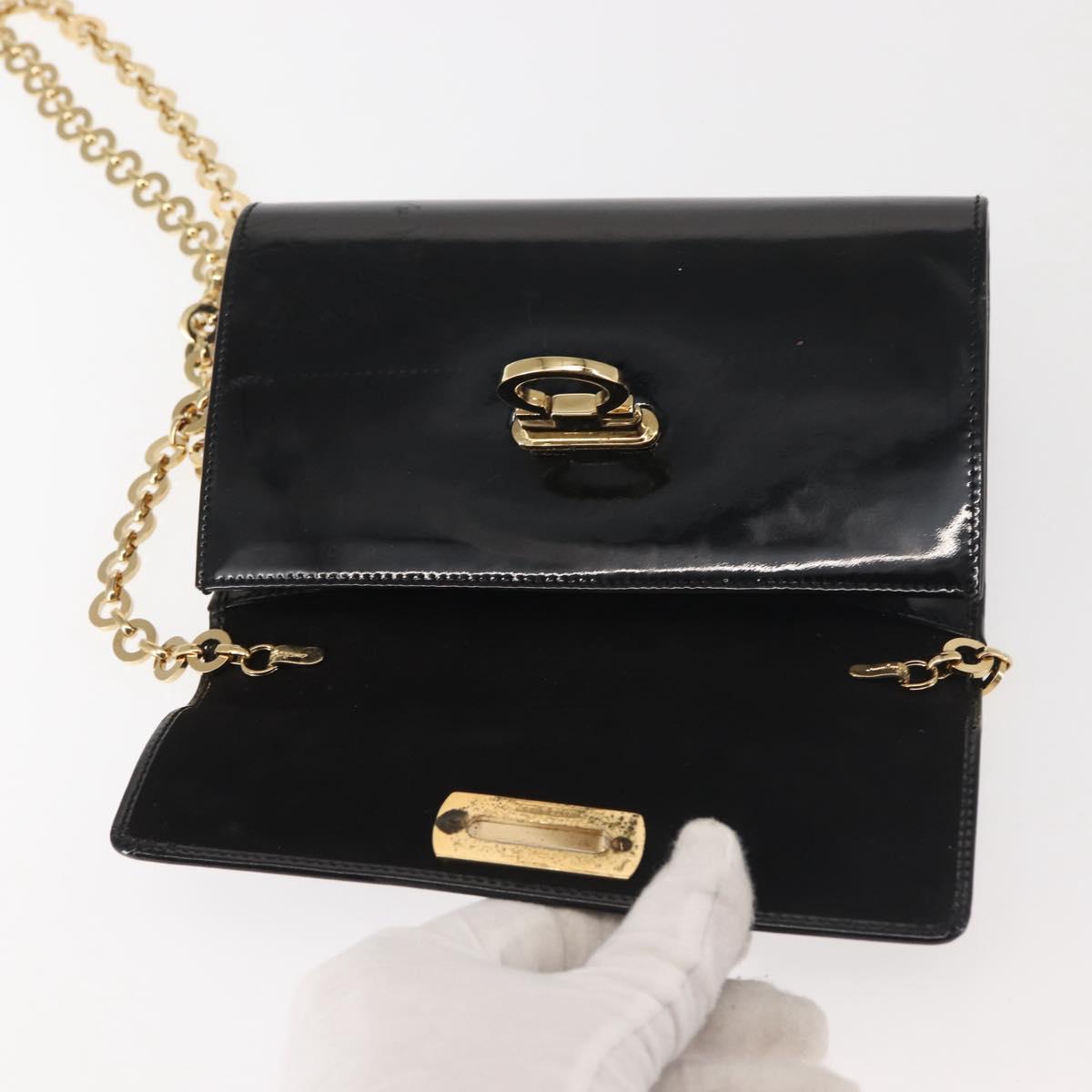 Salvatore Ferragamo Chain Gancini Shoulder Bag Enamel Black Gold Auth 142666