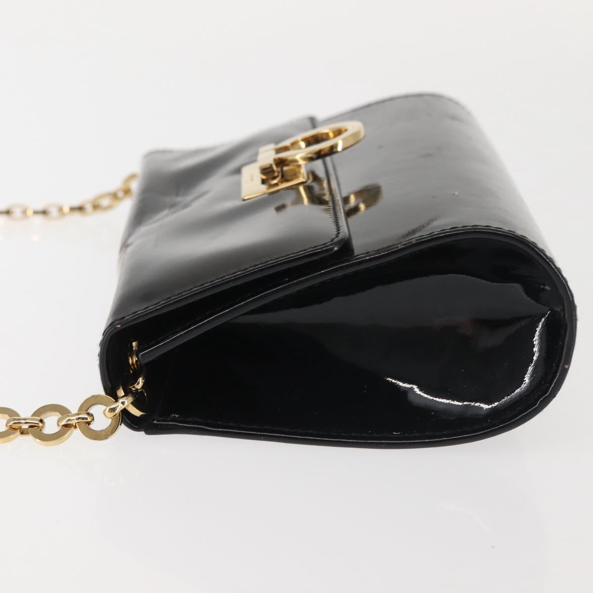 Salvatore Ferragamo Chain Gancini Shoulder Bag Enamel Black Gold Auth 142666