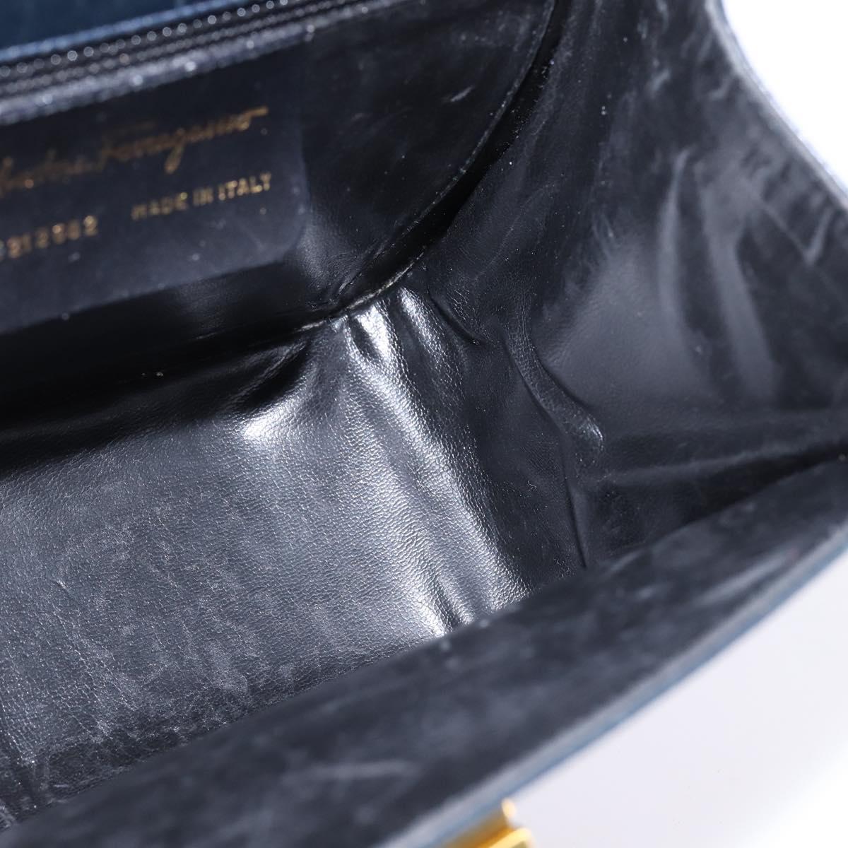 Salvatore Ferragamo Gancini Hand Bag Leather Navy Gold Auth 142667