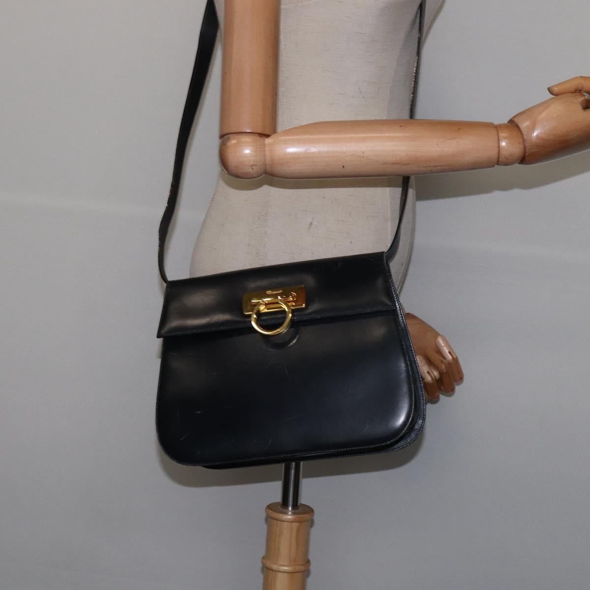 Salvatore Ferragamo Gancini Hand Bag Leather Navy Gold Auth 142667