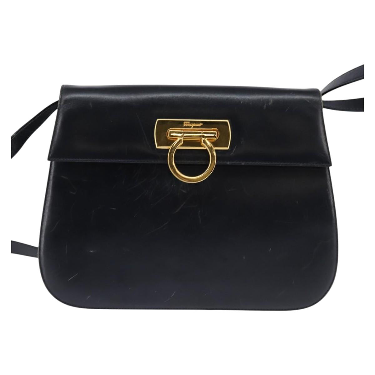 Salvatore Ferragamo Gancini Hand Bag Leather Navy Gold Auth 142667
