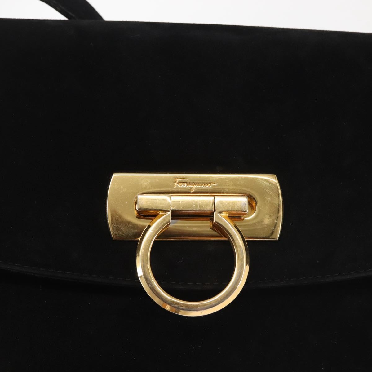 Salvatore Ferragamo Gancini Shoulder Bag Suede Black Gold Auth 142668