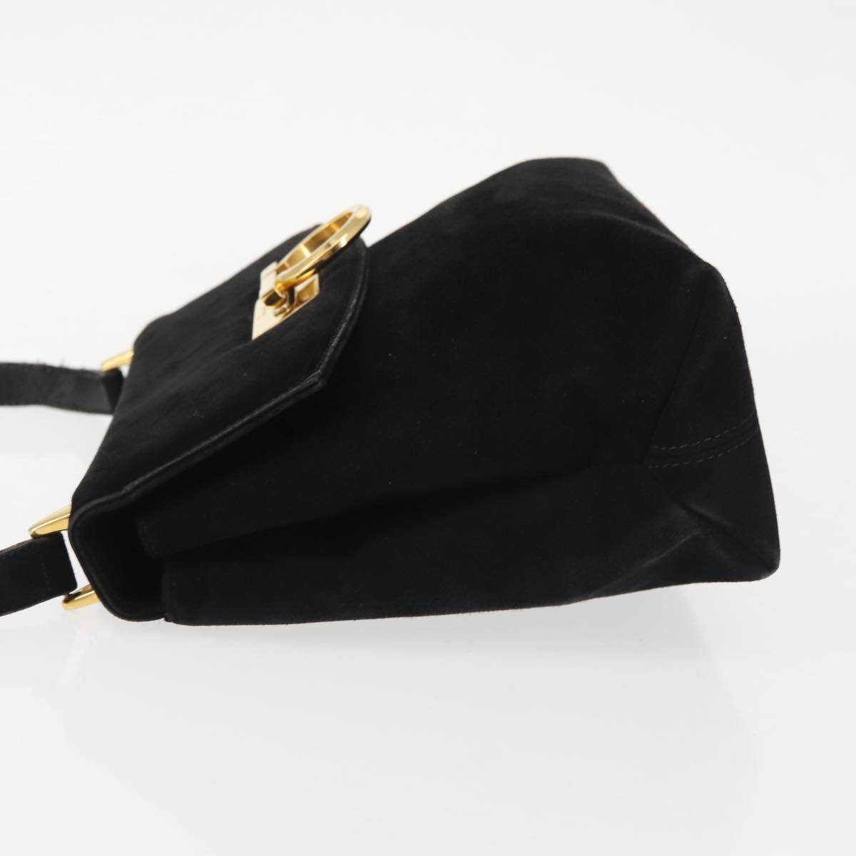 Salvatore Ferragamo Gancini Shoulder Bag Suede Black Gold Auth 142668