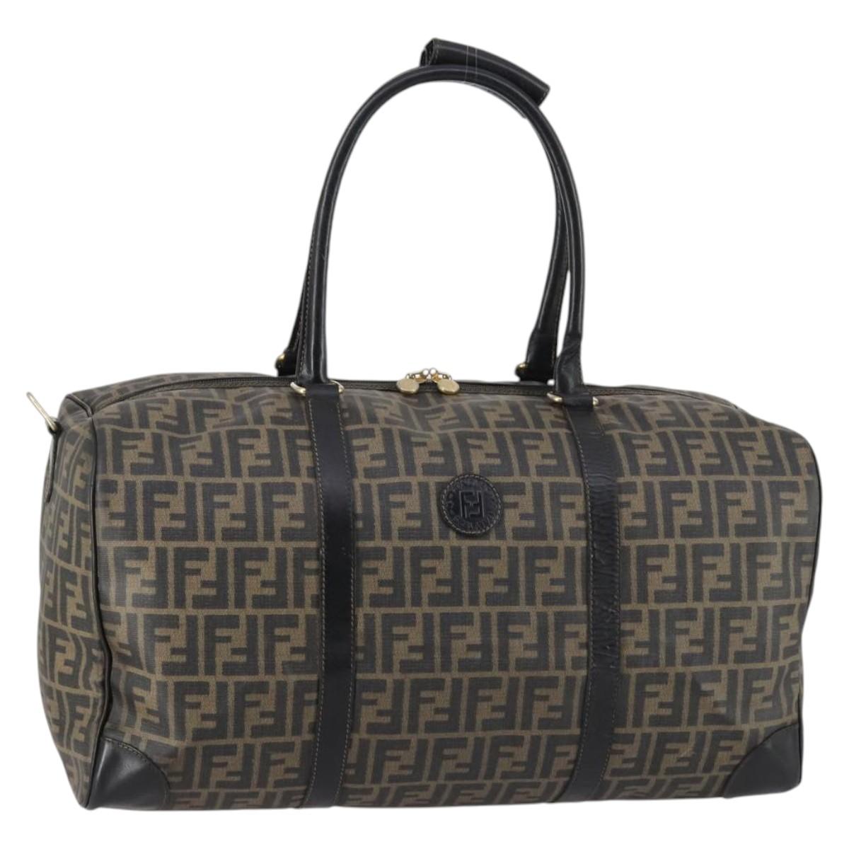 FENDI Zucca Canvas Boston Bag PVC Black Brown gold Auth 142675