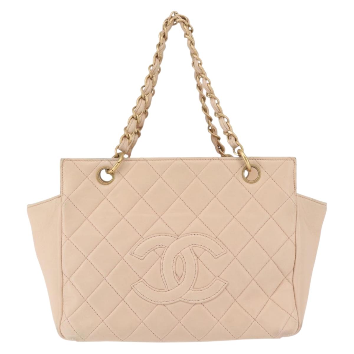 CHANEL Matelasse COCO Mark Chain Hand Bag Lamb Skin Beige CC Auth 142686